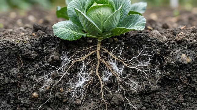 Cross-section of green cabbage plant in dark fertile soil, showing detailed white fibrous root system, underground growth, and healthy leafy vegetable head in garden.