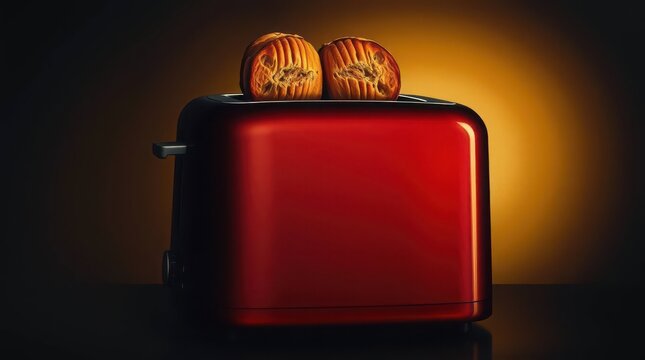 Red toaster with toasted bread. Kitchen appliance preparing breakfast in dramatic lighting.