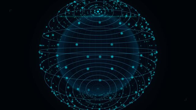 Blue digital wireframe globe with network connection dots on dark background, representing global technology, worldwide network, and digital connectivity motion graphic.