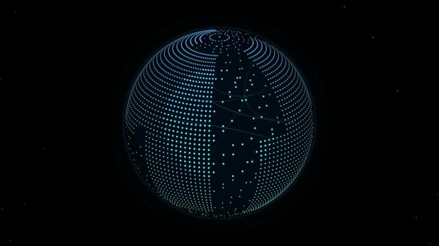 Blue wireframe mesh globe rotating on dark background, representing technology, digital world, 3D modeling, and global network motion graphic.