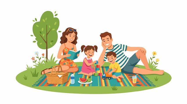 Happy family enjoying a sunny day picnic in a park with children playing and parents relaxing outdoors isolated on white background