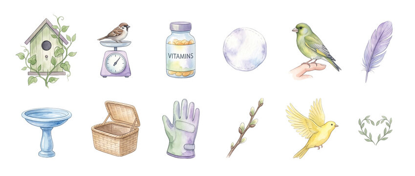 Watercolor bird nature clip art set with birdhouse spring icons element collection isolated on black background for design craft decoration, including sparrow, vitamins, basket, glove, bath and feathe
