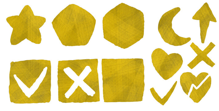 Set of gold icons featuring hexagonal, Pentagon, stars, crescent, arrowheads, checkmark, cross marks, and heart shaped icon.