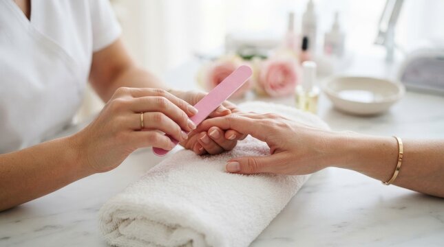 A professional manicurist filing fingernails of a client in a bright salon setting promoting self care and wellness for world mental health day observance