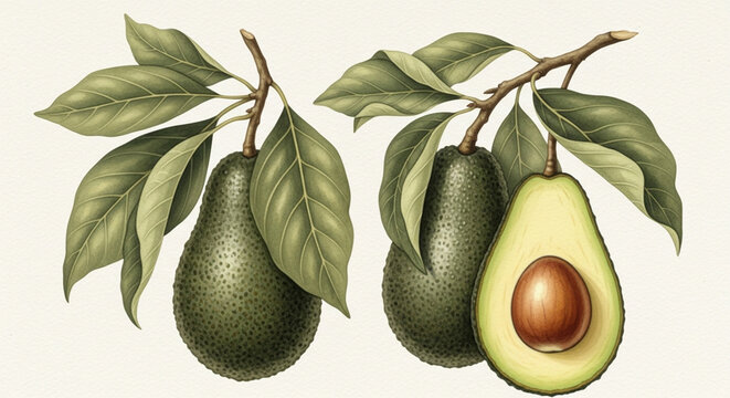 Botanical illustration of whole and sliced avocados with leaves