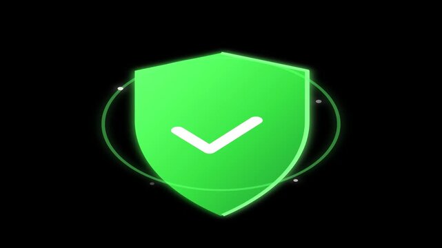 Glowing green shield icon displaying acheckmark symbol in a smooth animated motion sequence for digital security website interface project elements