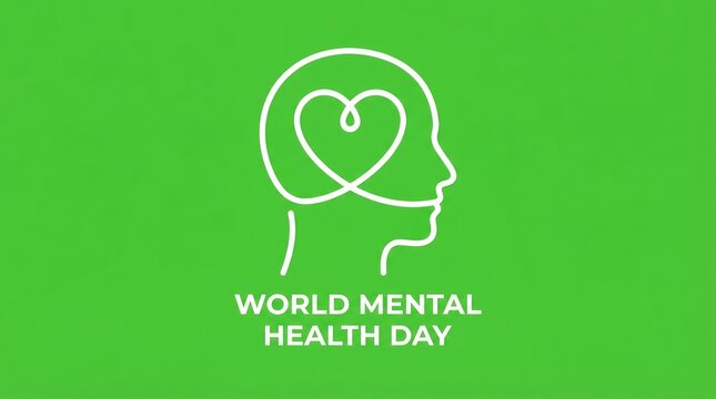 Minimalist green background with a white line art illustration of a human head containing a heart symbol for the annual world mental health day event