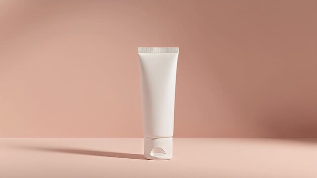 Minimalist white cosmetic tube standing upright on a soft pink background with subtle shadows.
