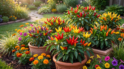 Naklejka premium Ornamental hot peppers in colorful garden pots during sunset 
