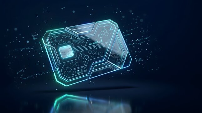 A futuristic transparent glass credit card featuring glowing digital circuit patterns floating against a dark blue background for finance