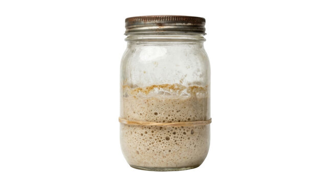 Sourdough starter in a glass jar with a rusty lid PNG Isolated on transparent background