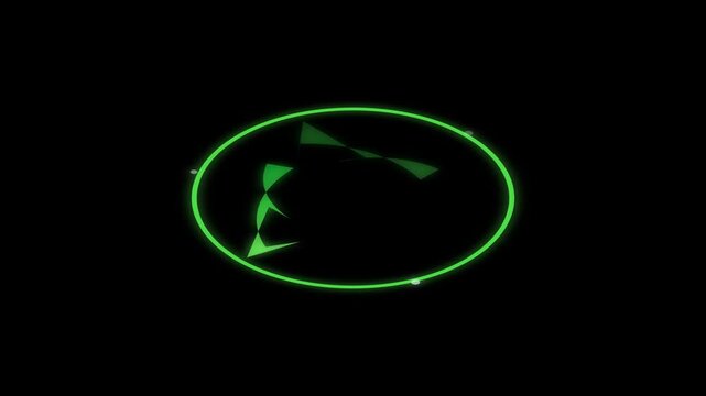 Green neon circular loading animation featuring three spinning triangular shapes and glowing orbital particles in a sleek digital motion video