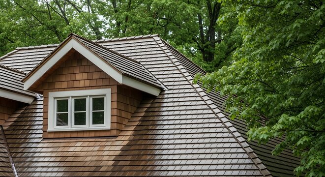 Cedar shingle roof with a dormer window surrounded by green foliage