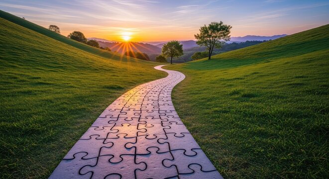 A winding stone path made of interlocking jigsaw puzzle pieces stretches toward a bright horizon through a lush green valley at sunrise, interlocking, adventure, goal