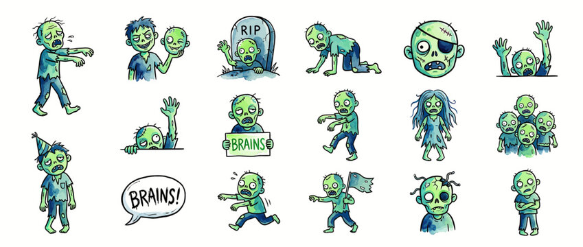 Funny cartoon zombies with different poses and expressions
