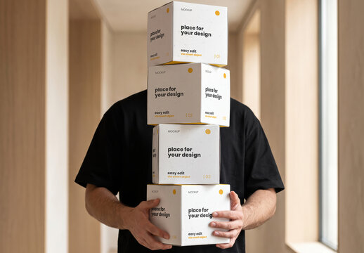 Mand Holding Four Small Boxes Stacked Mockup