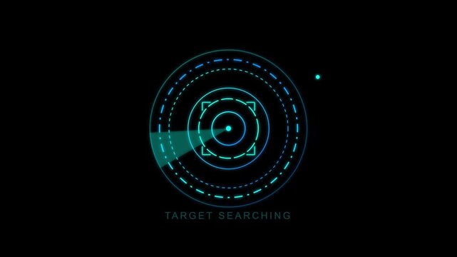 Digital radar scanning animation showing circular light motion detecting glowing particles on dark background for high tech security video footage