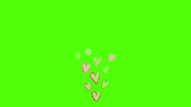 Red heart shape symbol hand drawn animation with dynamic appearance and disappearance on green background alpha channel for love and health video overlay. Romantic hearts background,​ valentine