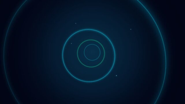 Futuristic sci-fi digital tunnel with glowing blue neon circular rings and floating light particles moving through dark space, centered perspective, high tech motion graphic loop background.