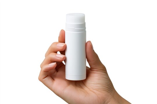 Hand holding white deodorant stick against white background.