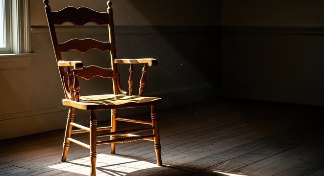 An antique wooden chair sits bathed in soft afternoon light as dust motes dance in the air, capturing a quiet sense of passing years, afternoon, moody, memory