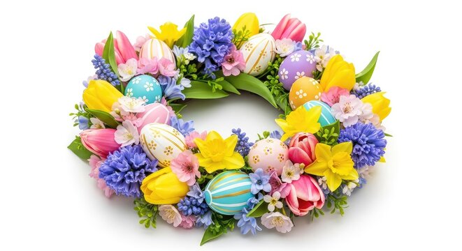 An elegant wreath of vibrant spring flowers and painted easter eggs creates a festive seasonal arrangement on a plain white backdrop, vibrant, simple, circular