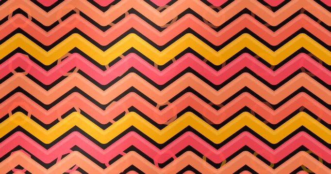 Seamless Looping Animation of Warm Colored Chevron Pattern with Faint Overlapping Shapes on Black Background, Abstract Motion Graphics Backdrop, 4K