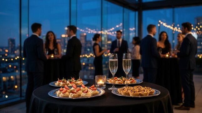 Elegant rooftop party in the city at dusk with guests and city skyline view.