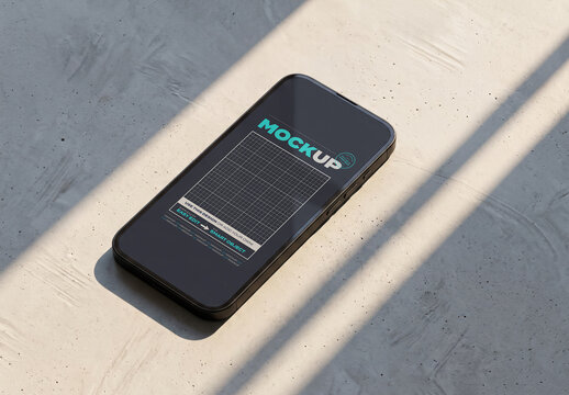Smartphone on Concrete Surface with Sunlight Screen Mockup