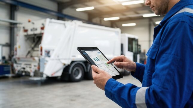 Worker holding a digital tablet near a garbage truck for fleet operations.