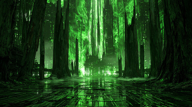 Neon Green Digital Forest With Reflective Ground