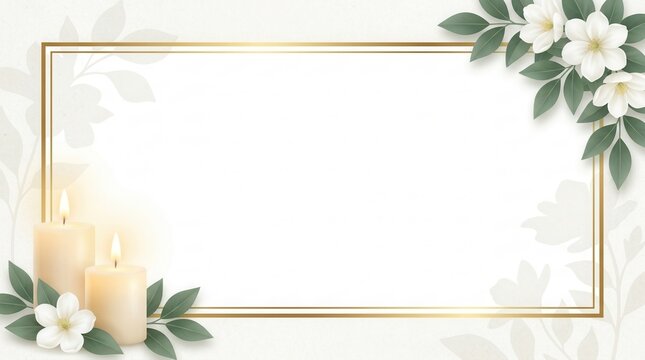 Peaceful memorial template for sympathy cards featuring lit candles and white flowers.