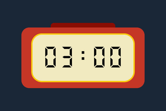 yellow red digital clock showing 03:00 on a navy blue background
