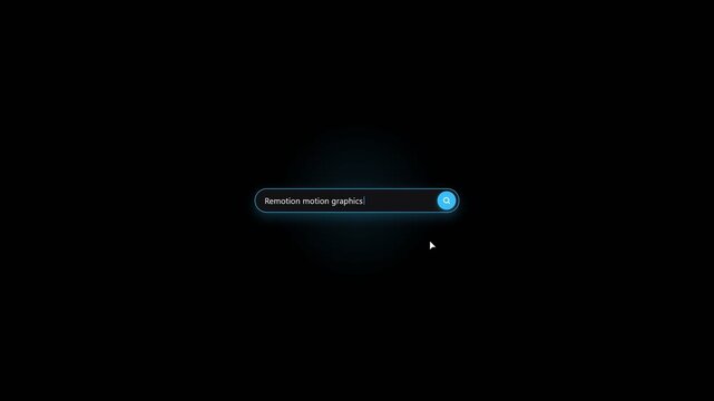 A sleek digital search engine interface animation featuring Remotion motion graphics inquiry typing in search bar on black background centered studio shot modern dark mode tech software concept