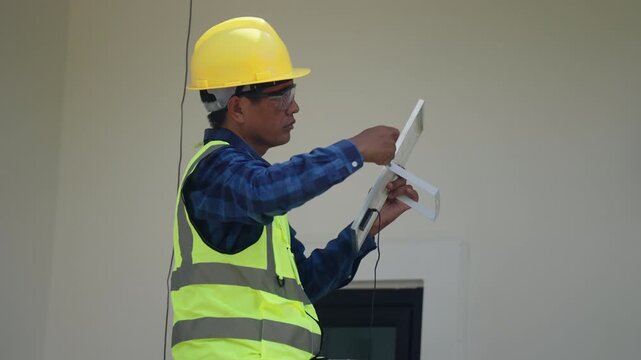 Professional Worker Installing Home Solar Power Equipment on Rooftop