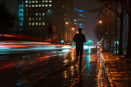 Night Runner on Rainy Neon City Street