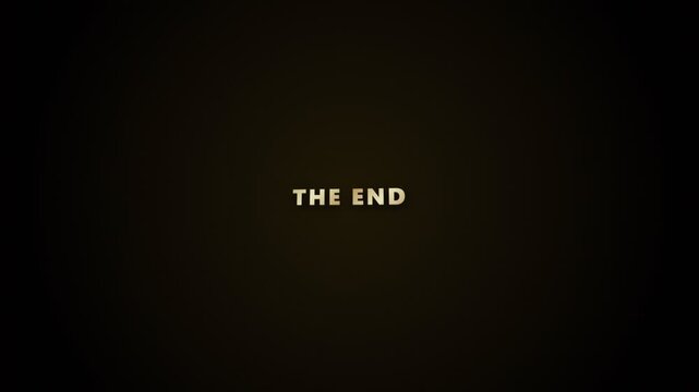 Vintage golden title screen displaying THE END centered on dark textured background with subtle scanlines, classic cinema movie finale overlay for retro film production and video editing.