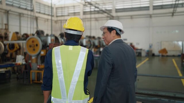 Two men inspect heavy machinery together. One wears a vest and gloves, the other in a suit. They hold tablets, focused on the equipment