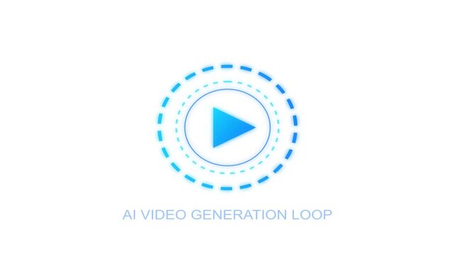Glowing blue circular play button icon featuring dynamic motion lines for seamless digital video generation software interface presentation motion clip