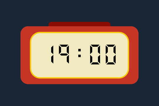 yellow red digital clock showing 19:00 on a navy blue background
