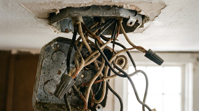 Old exposed electrical wiring hanging from metal ceiling junction box during home renovation. Close up view of dangerous wire nuts, copper cables, and messy electrical hazard concept.