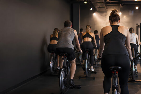 Atmospheric spin class in moody fitness studio