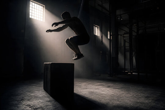 Athlete silhouette performing box jump in dramatic gym light