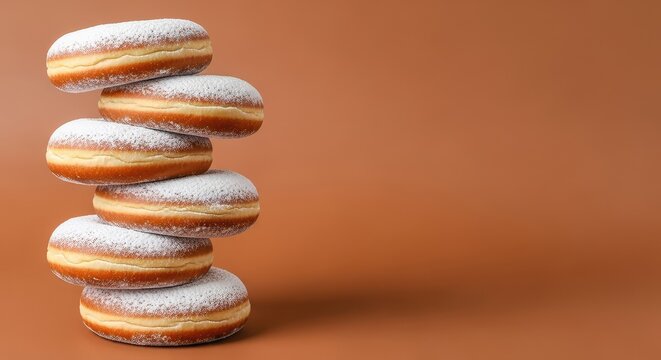 Stack of fresh brown donuts dusted with fine powdered sugar against a solid brown background. Gourmet bakery dessert isolated for design, cafe, circular, morning