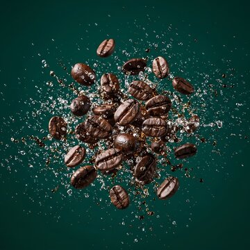Coffee Beans Suspended in Mid-Air with Liquid Droplets - Macro
