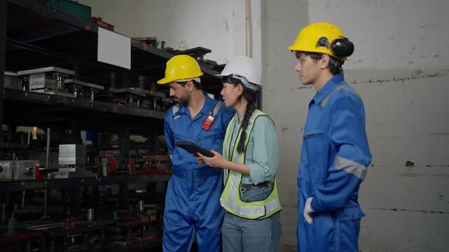 Experienced female industrial worker wearing protective safety gear explaining steel stamping dies used in metal stamping machinery to a new colleague inside a warehouse.