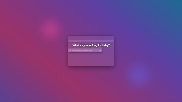 Centered front view mockup of a sleek modern UI search engine bar window floating on a vibrant purple gradient background as text is typed into the input field with results, high-tech mood.