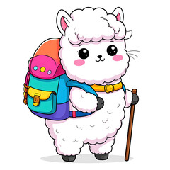Naklejka premium Cute fluffy alpaca hiking happily with a colorful backpack and walking stick for cheerful design generative AI