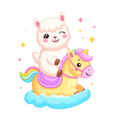 Naklejka premium Cute fluffy alpaca riding a colorful hobby horse with a joyful laugh for kids apparel generative AI