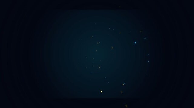 Abstract motion background featuring magical glowing gold and blue particles floating softly in dark space. Center perspective macro shot creates an elegant, ambient, and mysterious festive mood.